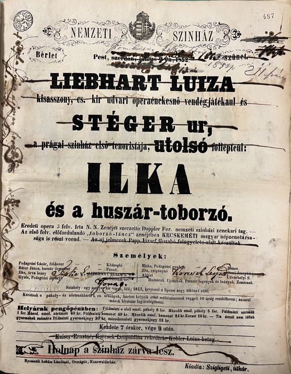 Doppler Ferenc: Ilka és a huszártoborzó, 1852. június 7. A Nemzeti Színház színlapja Stéger Ferenc vendégszerepléséről. A kép forrása: Magyar Digitális Képkönyvtár http://www.kepkonyvtar.hu/?docId=132437