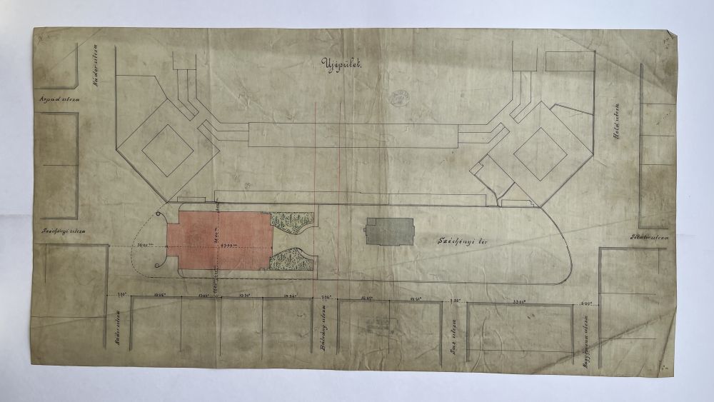Az Újépület és környékének helyrajza, a Vígszínház tervezett épületének skiccével. Jelzet: SZT KT 86 – Színháztörténeti és Zeneműtár
