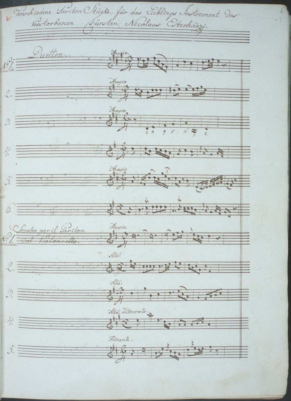 Haydn műveinek jegyzéke. A baryton-művek jegyzékének egy másik oldala, a lap tetjén „Verschiedene Pariton Stücke, für das Lieblings Instrument des verstorbenen Fürsten Nicolaus Esterhaazy” – Színháztörténeti és Zeneműtár, Ms. Mus. 14.852