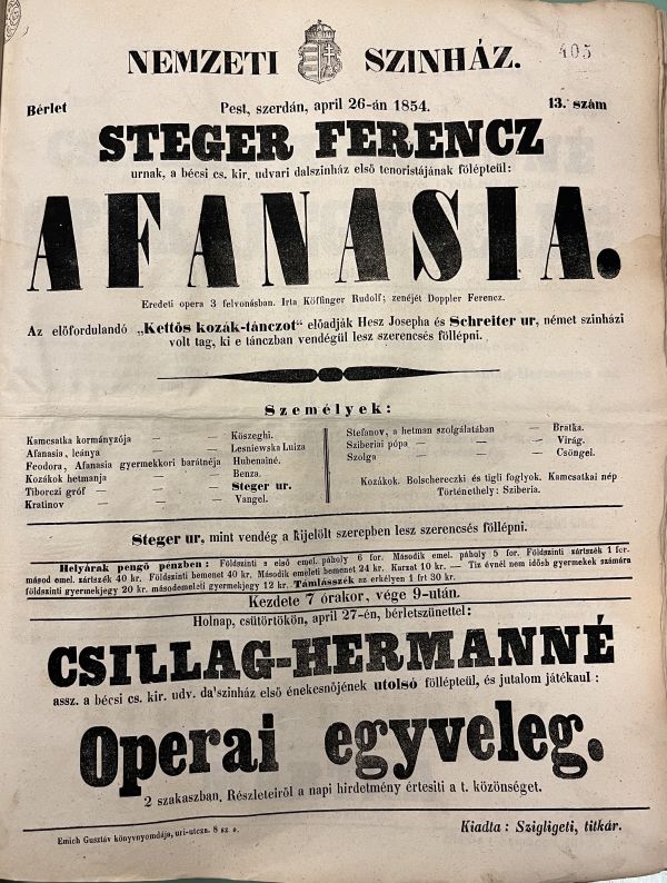 Doppler Ferenc: Afanasia, 1854. április 26. A Nemzeti Színház színlapja Stéger Ferenc vendégszerepléséről, 1854 Színháztörténeti és Zeneműtár