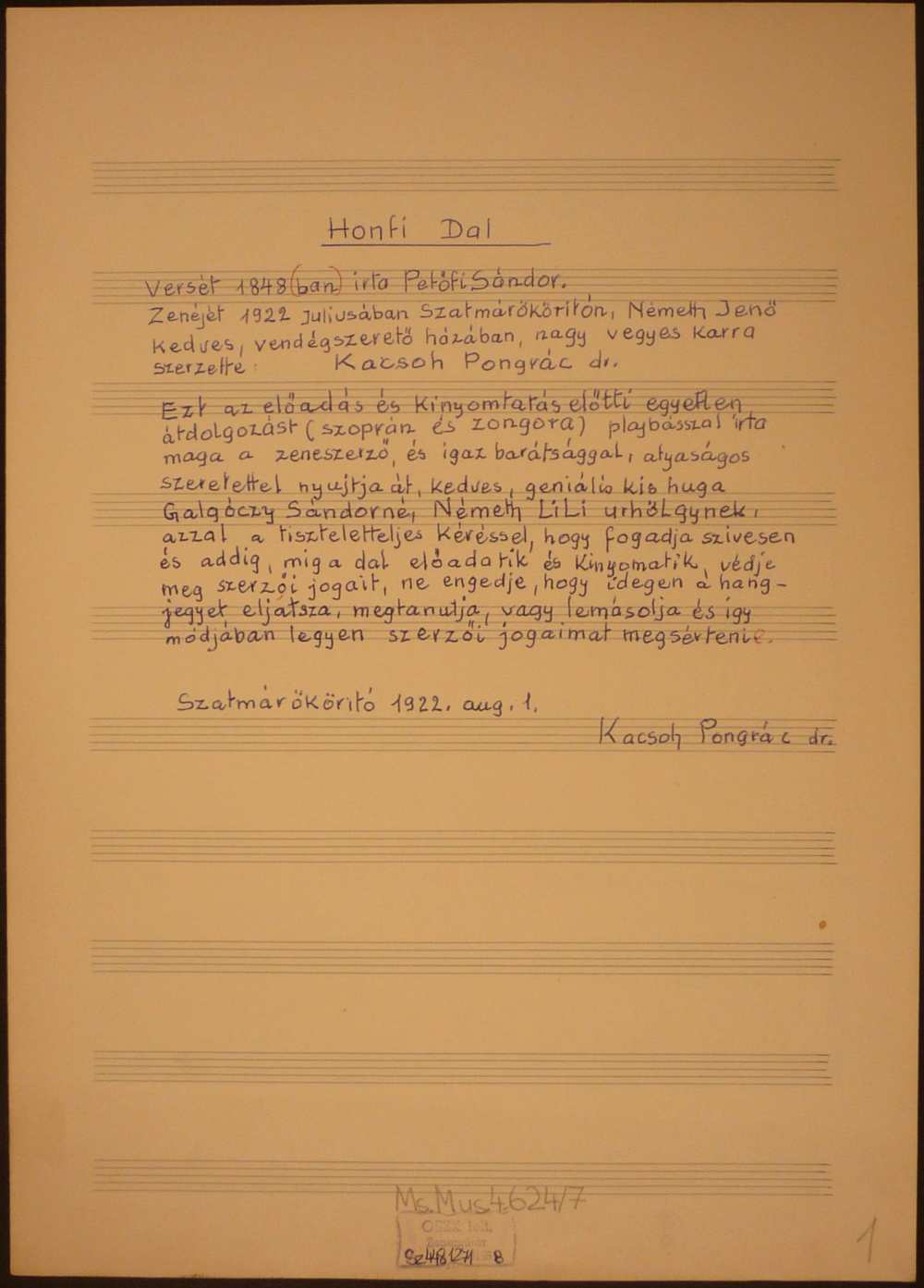 Kacsoh Pongrác: Honfi dal. A kézirat címoldala – Színháztörténeti és Zeneműtár, Ms. mus. 4.624/7