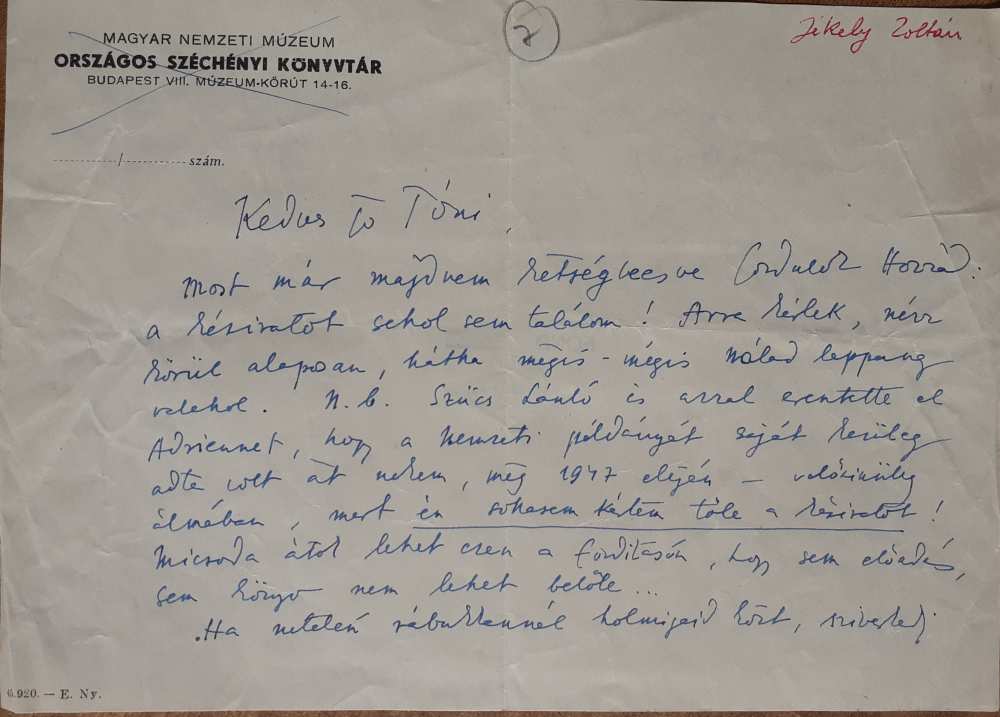 Jékely Zoltán Németh Antalhoz. Budapest, 1948. december 18. Recto – Kézirattár, Fond 63/1531