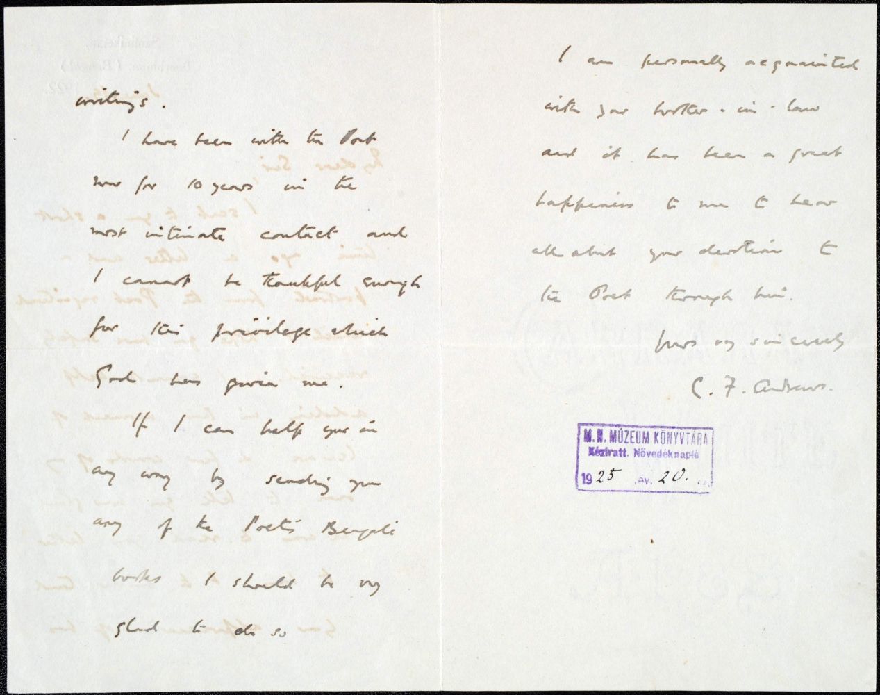  C. F. Andrews levele Baktaynak – Kézirattár