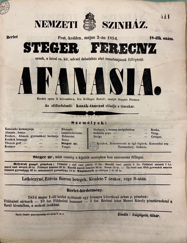 Doppler Ferenc: Afanasia, 1854. május 2.: A Nemzeti Színház színlapja Stéger Ferenc vendégszerepléséről, 1854. A kép forrása: Magyar Digitális Képkönyvtár http://www.kepkonyvtar.hu/?docId=134663