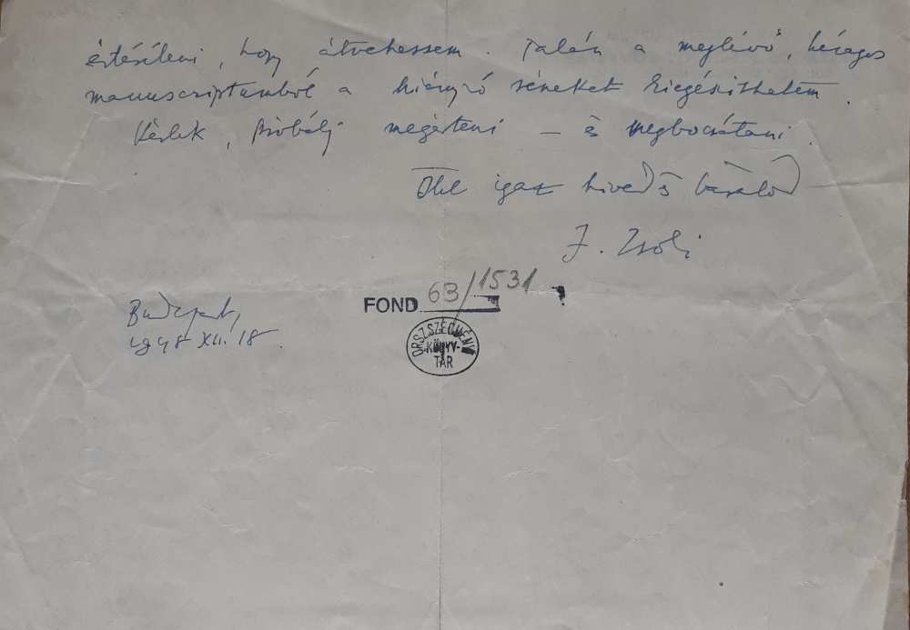 Jékely Zoltán Németh Antalhoz. Budapest, 1948. december 18. Verso – Kézirattár, Fond 63/1531