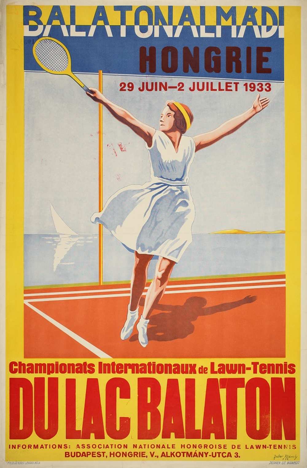 Zuber Károly: Balatonalmádi Campionats Internationaux de Lawn-Tennis (1933). Jelzet: PKG.1933/46 – Térkép-, Plakát- és Kisnyomtatványtár http://nektar.oszk.hu/hu/manifestation/2789891
