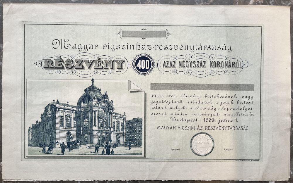 400 koronás, kitöltetlen részvényjegy, 1895. Jelzet: SZT Irattár, Vígszínház 374/1 – Színháztörténeti és Zeneműtár
