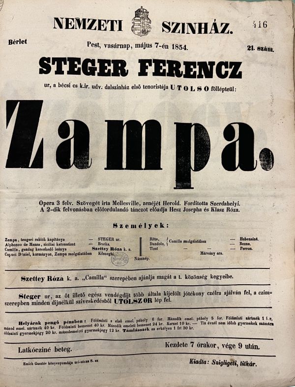 Ferdinand Hérold: Zampa 1854. máj. 7. A Nemzeti Színház színlapja Stéger Ferenc vendégszerepléséről, 1854. A kép forrása: Magyar Digitális Képkönyvtár http://www.kepkonyvtar.hu/?docId=134477