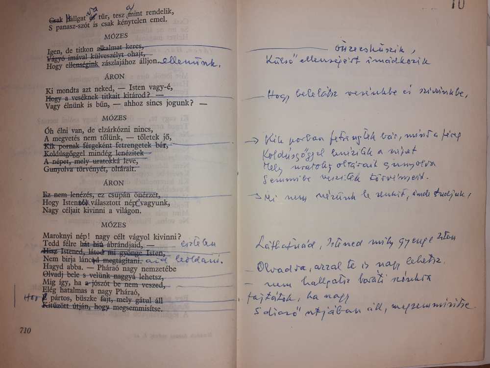 Keresztury sajátkezű bejegyzései, javításai. In: Madách Imre: Mózes. Madách Imre összes művei. 1–2. Sajtó alá rendezte, bevezette és a jegyzeteket írta Halász Gábor, Budapest, Révai, 1942. Jelzet: MM 12.245/1/e. Fol. 9. – Színháztörténeti és Zeneműtár színháztörténeti gyűjtemény