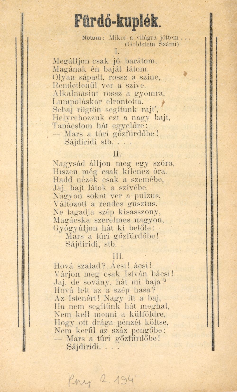 A bárándi juhászok szomorú víg története… Fürdőkuplék. Jelzet: Pny 2.194 – Térkép-, Plakát- és Kisnyomtatványtár https://nektar.oszk.hu/hu/manifestation/3717623