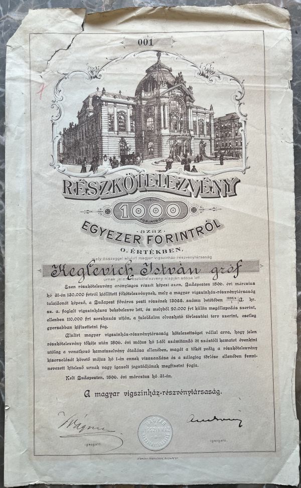 Keglevich István 1-es számú részvénye, 1896. Jelzet: SZT Irattár, Vígszínház 374/1 – Színháztörténeti és Zeneműtár
