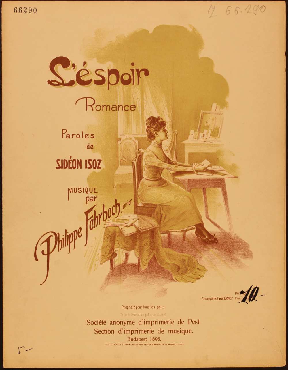 Philippe Farbach: L’éspoir. Romance. [Dal, ének-zongora. Szövege: Sideon Isoz-tól], Budapest, 1898. Borító. – Zeneműtár, Z. 66.290