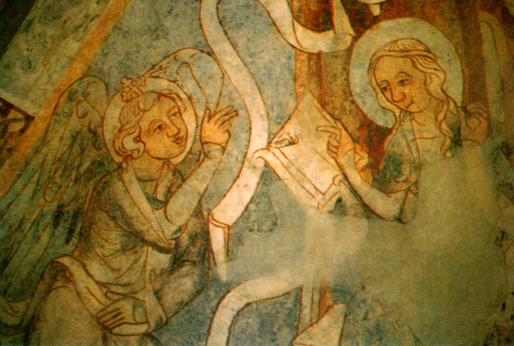 Angyali üdvözlet – Felvidék, Somorja, a XIV–XV. századi református templom szentélyboltozatán lévő freskóciklusból. Képeslap – Térkép-, Plakát- és Kisnyomtatványtár