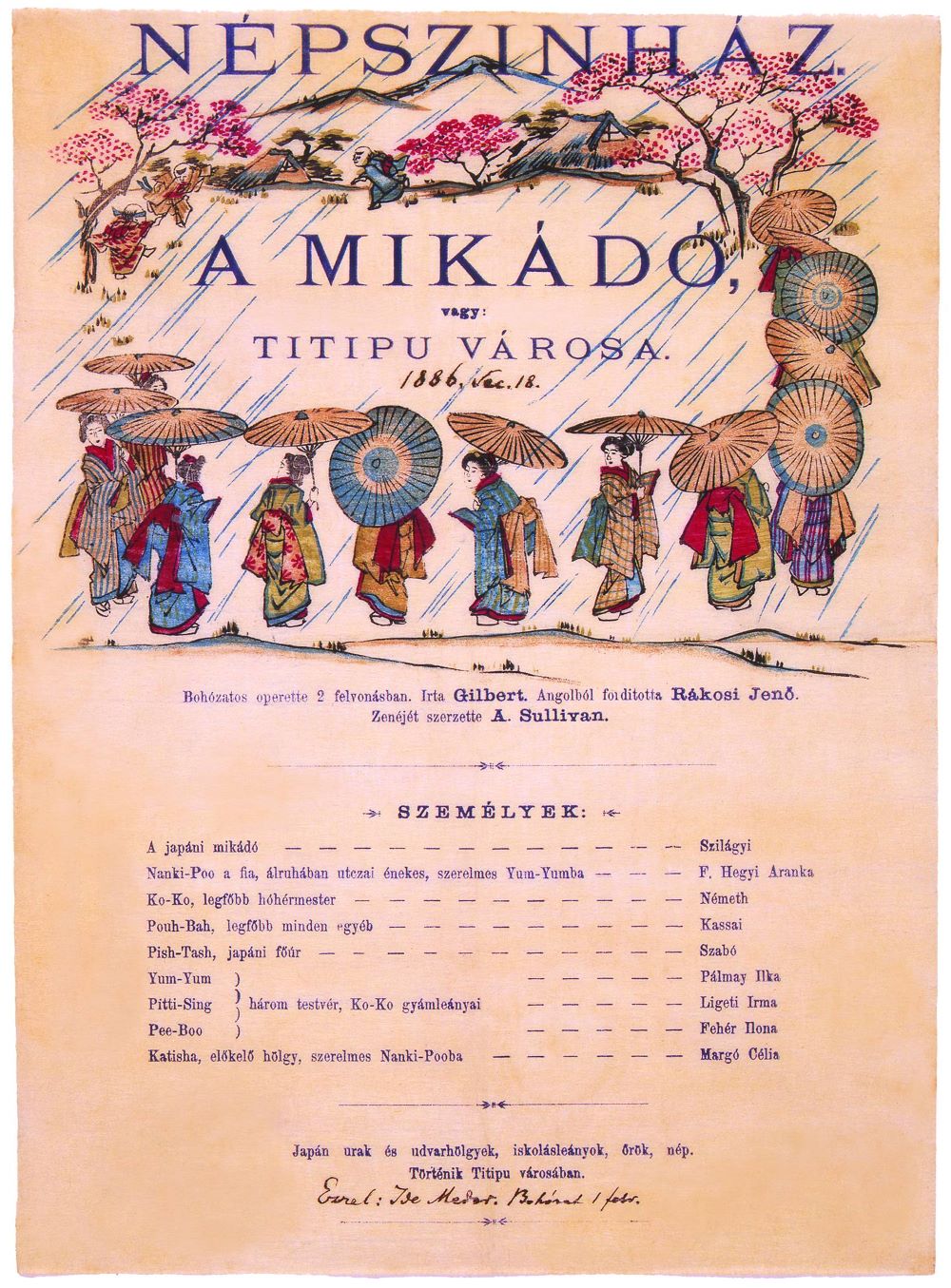 A Mikádó színlapja, 1886. (Népszínház)