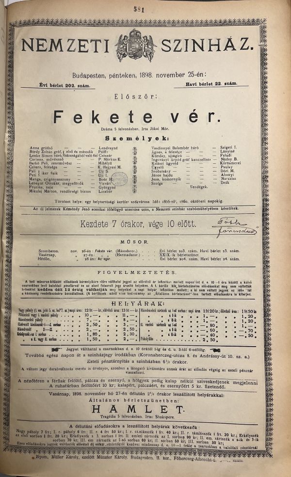 Jókai Mór: Fekete vér. Nemzeti Színház, 1898. november 25. Színlap – Színháztörténeti és Zeneműtár