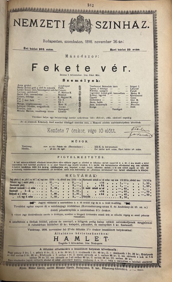 Jókai Mór: Fekete vér. Nemzeti Színház, 1898. november 26. Színlap – Színháztörténeti és Zeneműtár