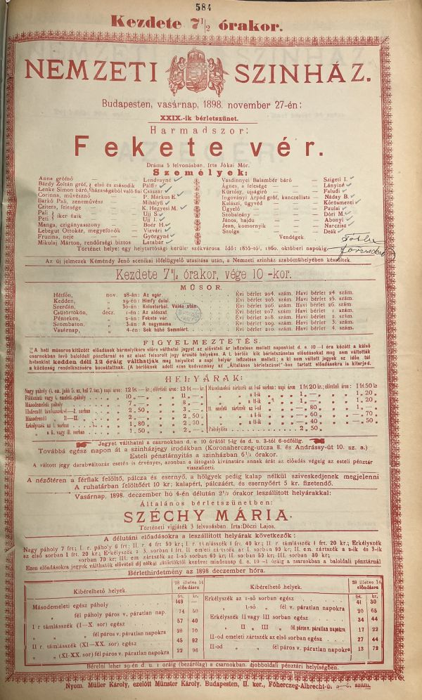 Jókai Mór: Fekete vér. Nemzeti Színház, 1898. november 27. Színlap – Színháztörténeti és Zeneműtár