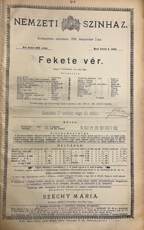 Jókai Mór: Fekete vér. Nemzeti Színház, 1898. december 2. Színlap – Színháztörténeti és Zeneműtár