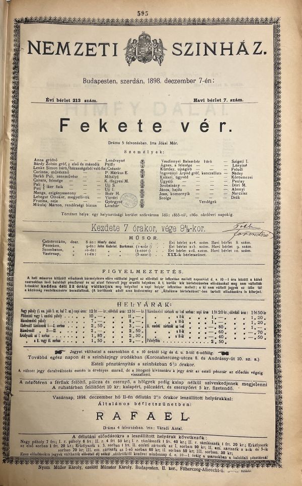 Jókai Mór: Fekete vér. Nemzeti Színház, 1898. december 7. Színlap – Színháztörténeti és Zeneműtár