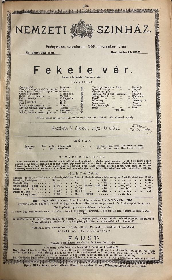 Jókai Mór: Fekete vér. Nemzeti Színház, 1898. december 17. Színlap – Színháztörténeti és Zeneműtár