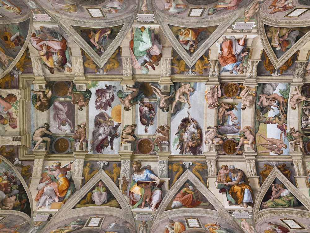 Michelangelo Buonarroti: A Sixtus-kápolna mennyezetfreskója. A kép forrása: Wikipédia (magyar kiadás) https://hu.wikipedia.org/wiki/A_Sixtus-k%C3%A1polna_mennyezetfresk%C3%B3ja#/media/F%C3%A1jl:Lightmatter_Sistine_Chapel_ceiling.jpg
