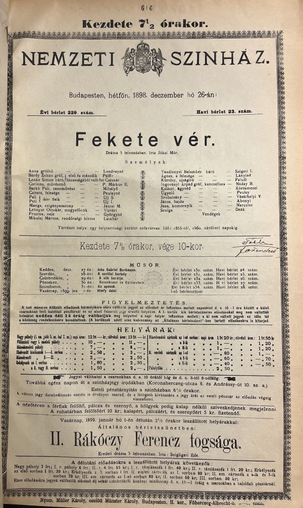 Jókai Mór: Fekete vér. Nemzeti Színház, 1898. december 26. Színlap – Színháztörténeti és Zeneműtár