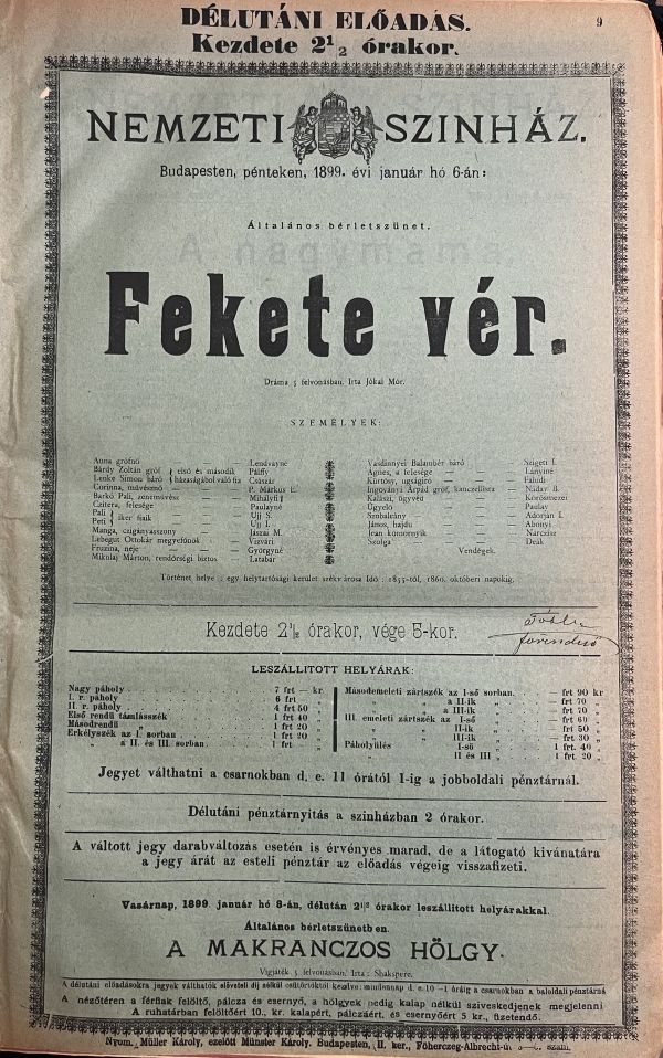 Jókai Mór: Fekete vér. Nemzeti Színház, 1899. január 6. Színlap – Színháztörténeti és Zeneműtár