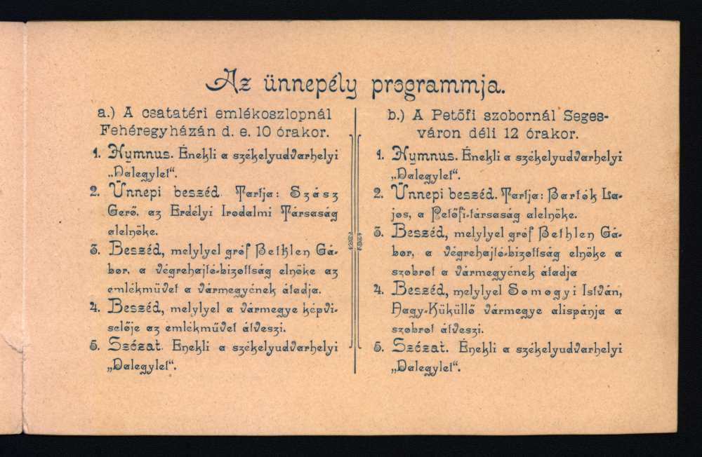 Meghívó a segesvári Petőfi-szobor leleplezési ünnepélyére. Térkép-, Plakát- és Kisnyomtatványtár, KnyB 875.