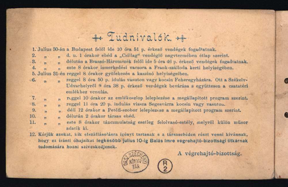 Meghívó a segesvári Petőfi-szobor leleplezési ünnepélyére. Térkép-, Plakát- és Kisnyomtatványtár, KnyB 875.