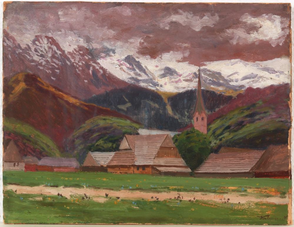 Katona Nándor: Falucska templommal. Olaj, é. n. A kép forrása: Axioart https://axioart.com/tetel/katona-nandor-864-1932-falucska-templommal-osztrak-al