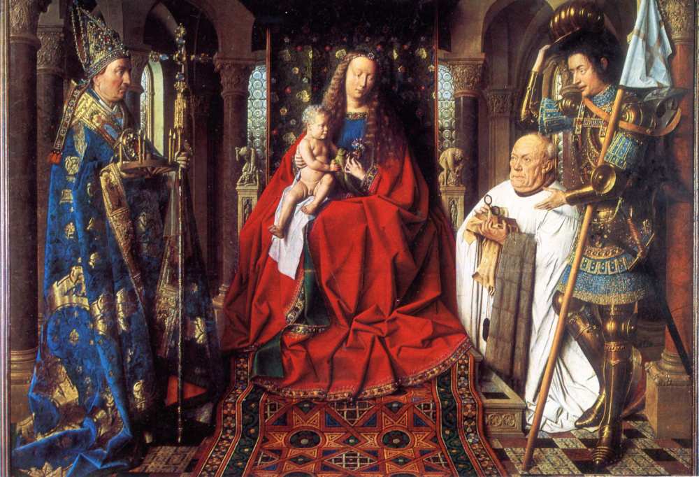 Jan Van Eyk (1390–1441): A Szűz és gyermeke Van den Paele kanonokkal. Képeslap – Térkép-, Plakát- és Kisnyomtatványtár