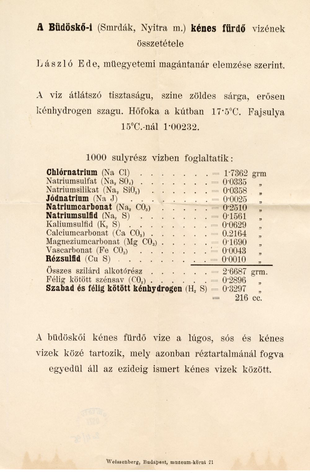 László Ede Dezső: A büdöskői kénes fürdő vizének összetétele. Jelzet: Kny.B 4.999 4. – Térkép-, Plakát- és Kisnyomtatványtár https://nektar.oszk.hu/hu/manifestation/3854676