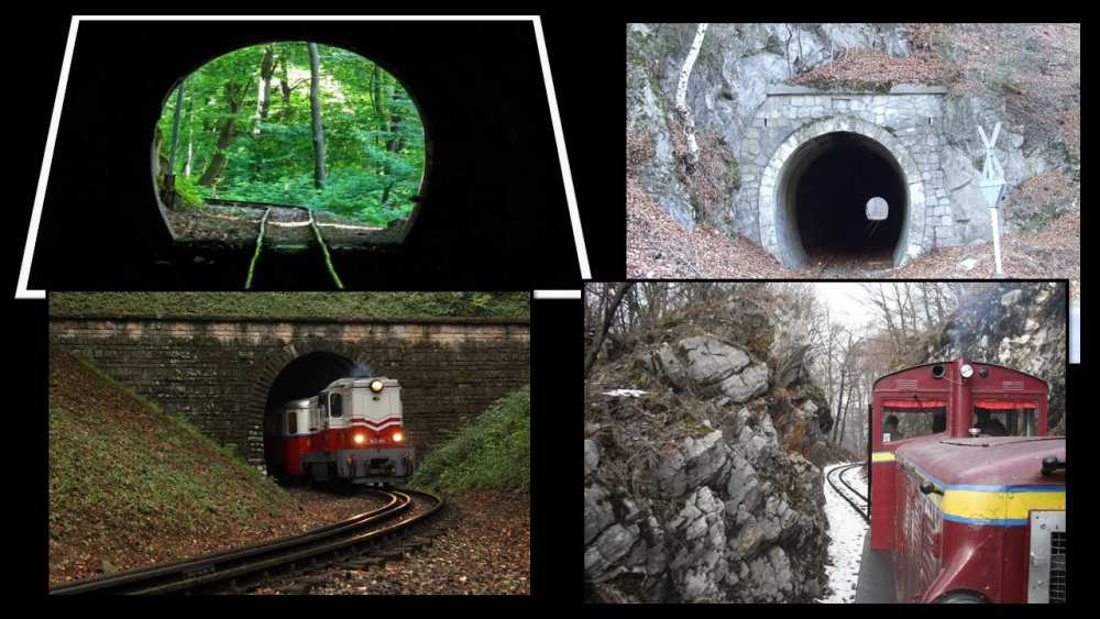 Sokak számára egy igazi erdei vasút elképzelhetetlen meredek sziklavájatok és hegyeken átfúrt alagutak nélkül. A szerző által készített montázs. A képek forrása: Digitális Képarchívum