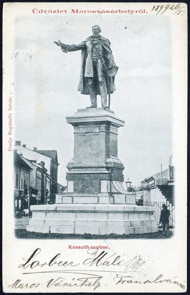 A Kossuth-szobor Marosvásárhelyen. Képeslap – Térkép-, Plakát-, és Kisnyomtatványtár. Jelzet: M 1098