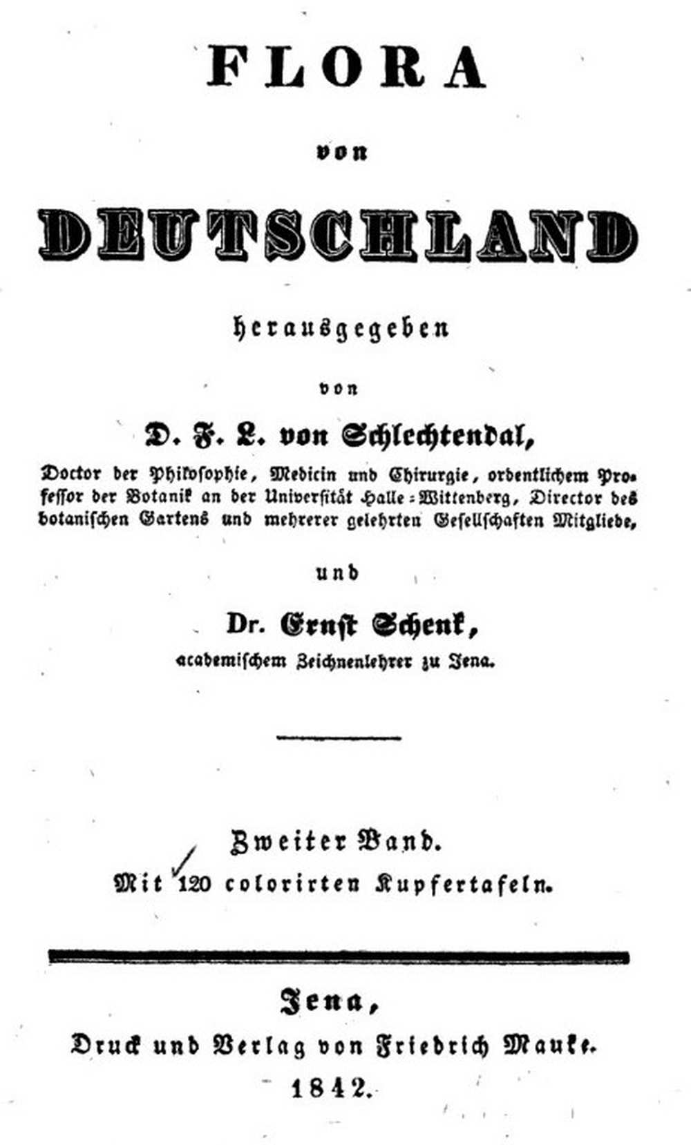 Flora von Deutschland, herausgegeben von D. F. L. von Schlechtendal, und Ernst Schenk. F. Mauke, Jena, 1841–1864., 2. kötet: 1842. Címlap. – HathiTrust Digital Library https://babel.hathitrust.org/cgi/pt?id=hvd.32044107277246&view=1up&seq=4