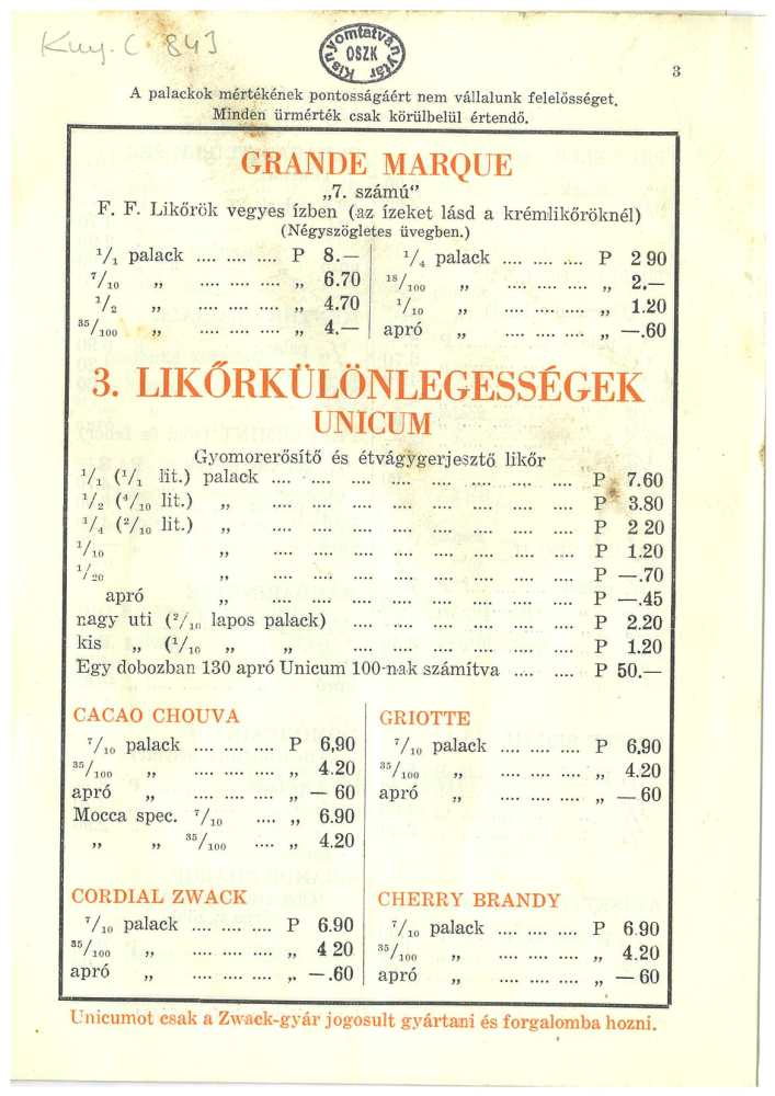 Nagybani árjegyzék „Unicum” Zwack. Bp., Zwack J. és társai, 1938. Jelzet: Kny.C 843 – Térkép-, Plakát- és Kisnyomtatványtár http://nektar.oszk.hu/hu/manifestation/2681363