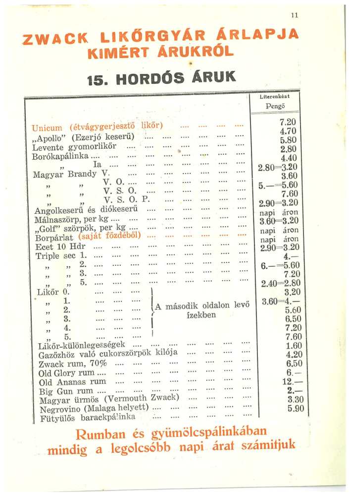 Nagybani árjegyzék „Unicum” Zwack. Bp., Zwack J. és társai, 1938. Jelzet: Kny.C 843 – Térkép-, Plakát- és Kisnyomtatványtár http://nektar.oszk.hu/hu/manifestation/2681363