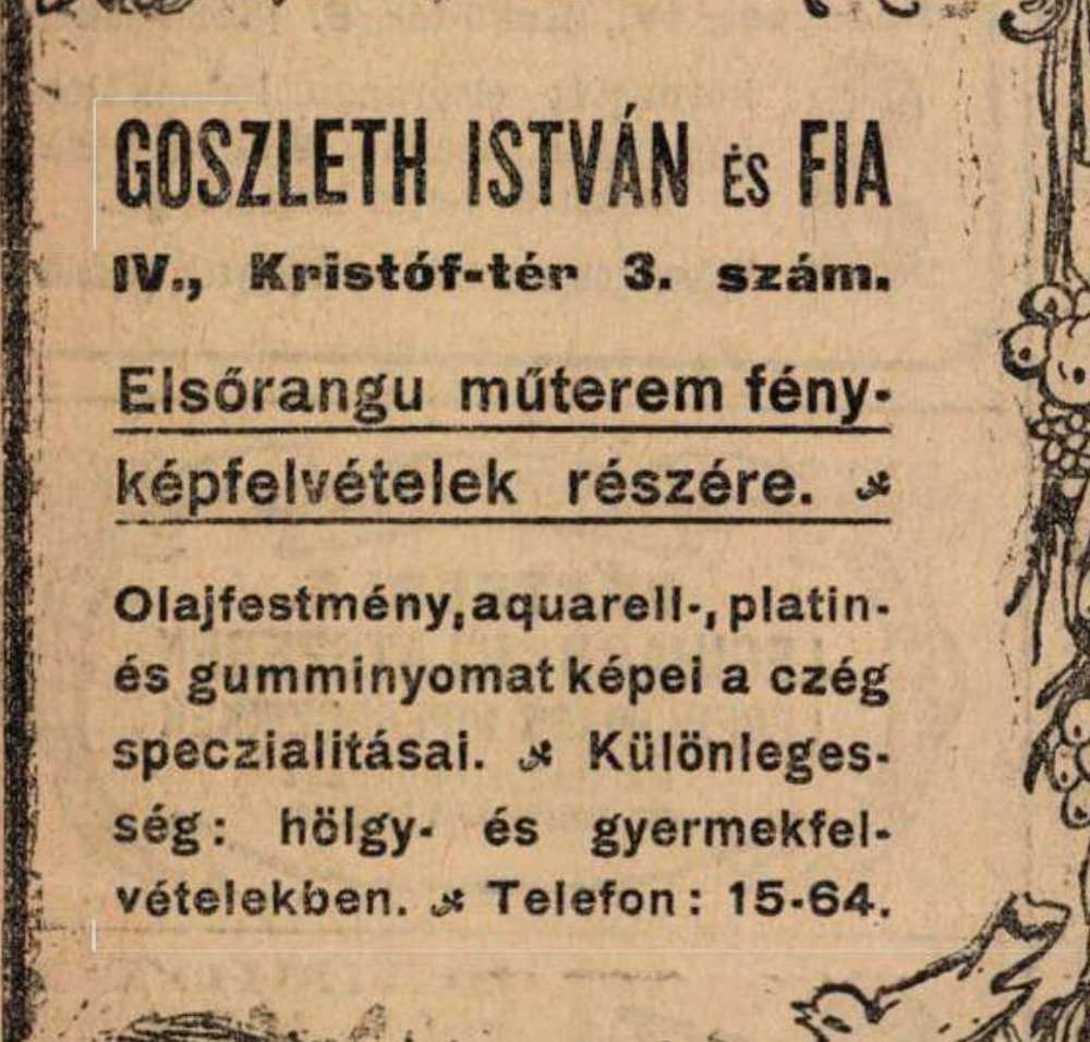 Goszleth és fia hirdetése. In. Az Ujság, 3. évf., 1905. december 17. –Törzsgyűjtemény http://nektar.oszk.hu/hu/manifestation/1020978