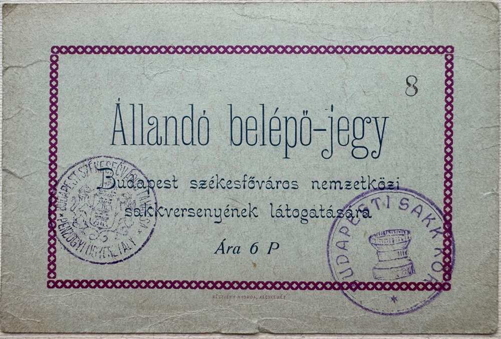 Belépőjegy sakkversenyre. Sulica Szilárd hagyatéka. Fond 64 – Kézirattár