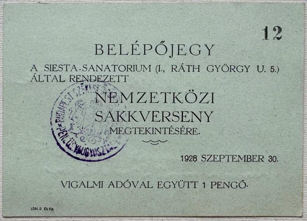 Belépőjegy sakkversenyre. Sulica Szilárd hagyatéka. Fond 64 – Kézirattár