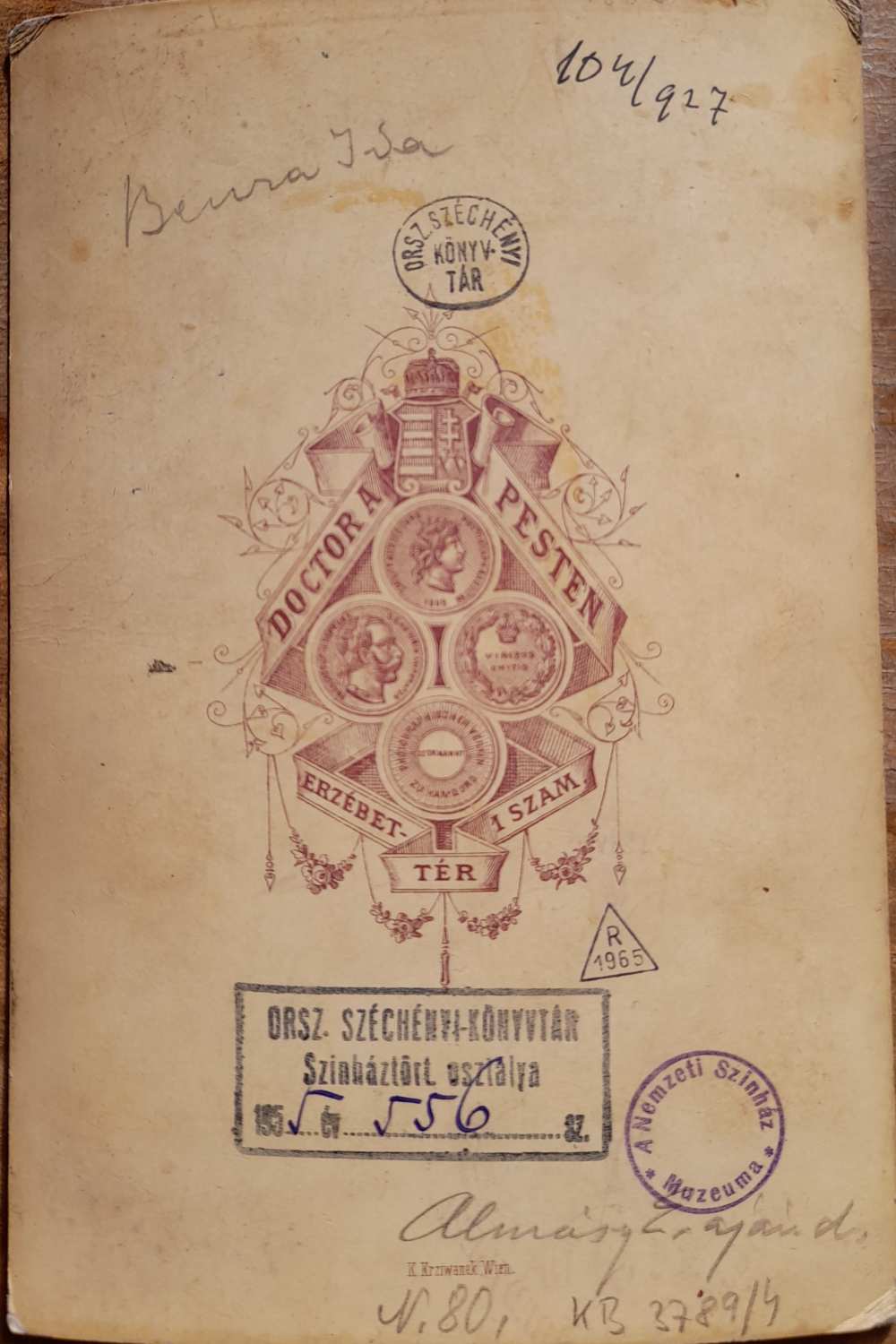 Doctor Albert: Benza Ida (1846–1880). Verzó – Színháztörténeti és Zeneműtár. Jelzet: KB 3789/4