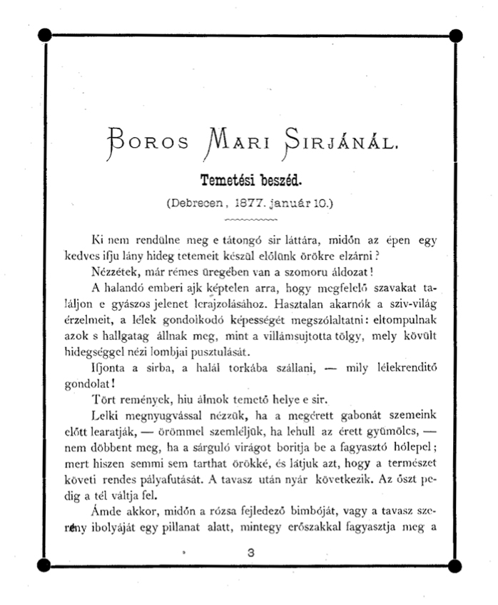 Boros Mari emlékezete - Temetési beszéd, 1877. Debrecen (Kny.C 4.762)