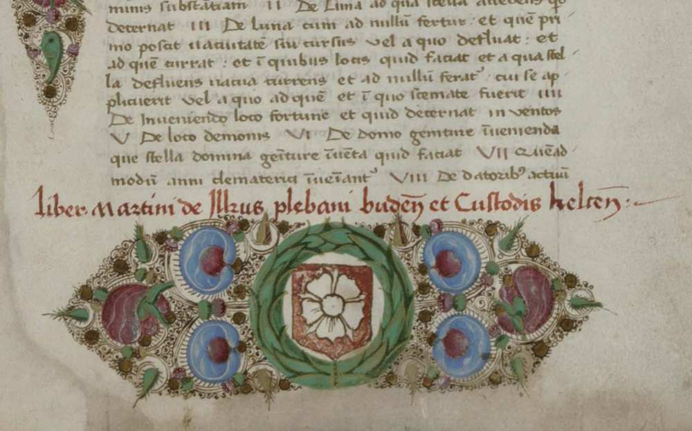 Bylica címere és possessori bejegyzése a BJ 580 jelzetű kéziratban (fol. 1. r.), Firmicus Maternus Mathesisében