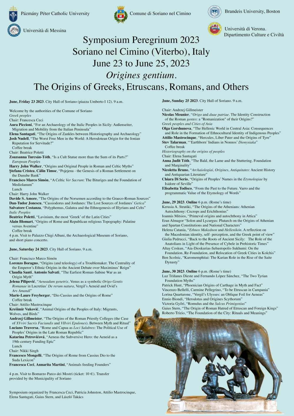 „Origines gentium”. A Symposium Classicum Peregrinum vándorkonferencia programja, Soriano nel Cimino, 2023. június 23–25.