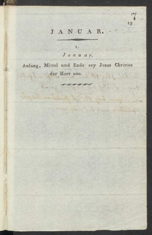 Gessner, Georg [hrsg.]: Memorabilien der Zeit, Wien – Baden – Triest, Geistinger, [1804]. Jelzet: Oct. Germ. 257. Első naptároldal – Kézirattár
