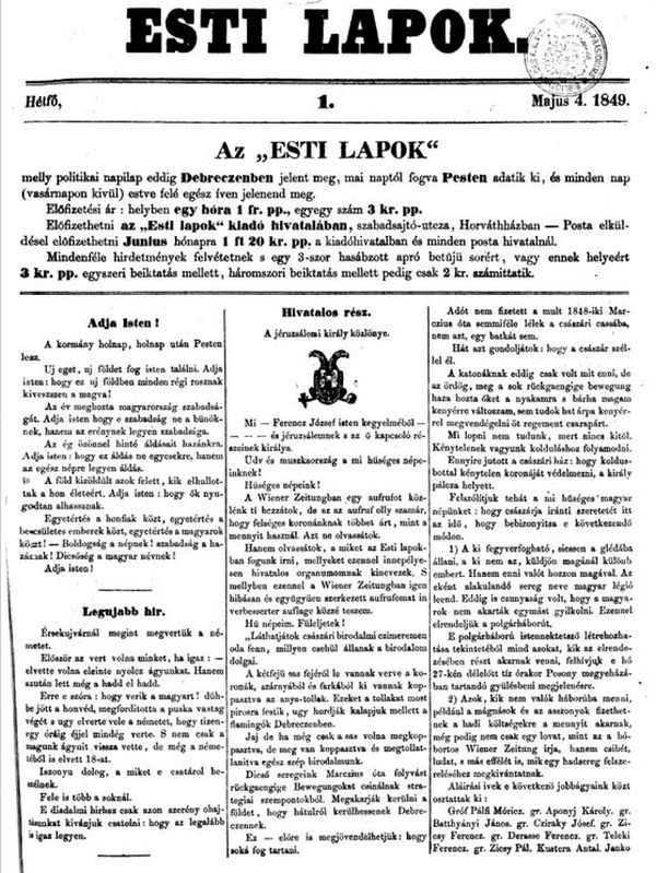 Esti Lapok. 1849. május 4. Címlap – Törzsgyűjtemény https://nektar.oszk.hu/hu/manifestation/954303