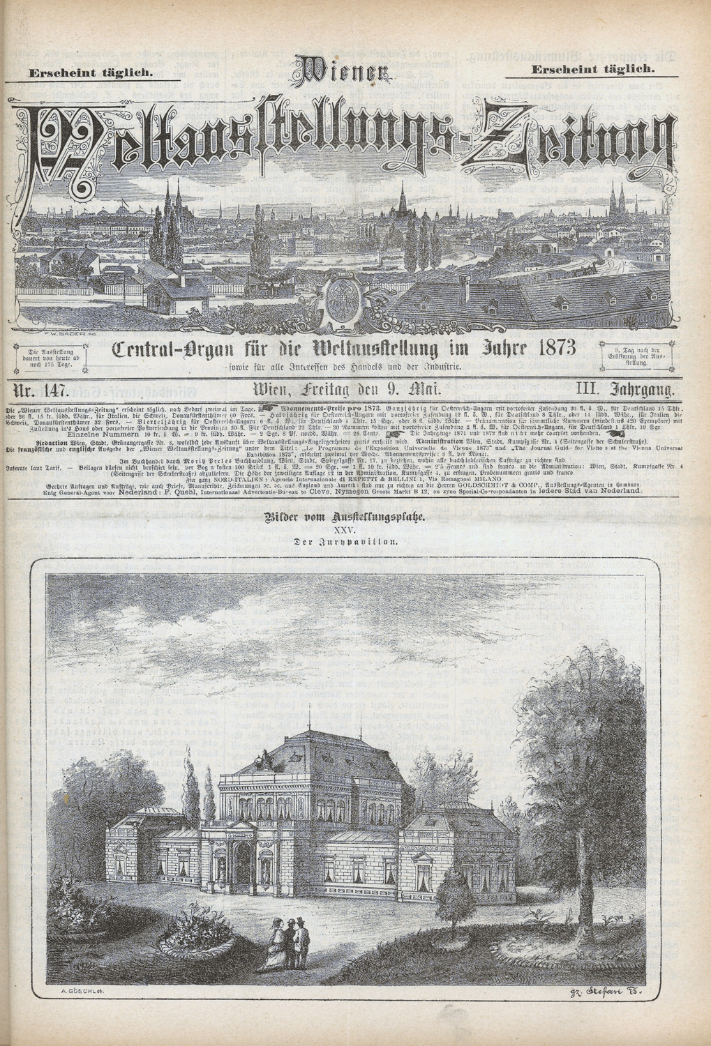 Az 1873-as bécsi világkiállítás osztrák és magyar sajtóorgánumai: Wiener Weltausstellungs-Zeitung. Címlap