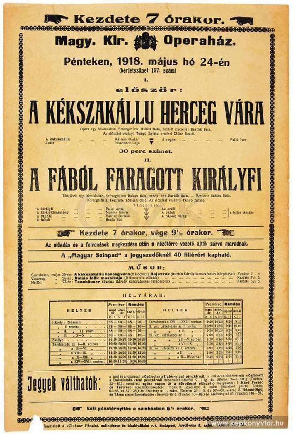 Bartók Béla: A kékszakállú herceg vára – A fából faragott királyfi, [Budapest], Magyar Királyi Operaház, 1918. Színlap – Színháztörténeti és Zeneműtár. A kép forrása. Magyar Digitális Képkönyvtár http://www.kepkonyvtar.hu/?docId=27805