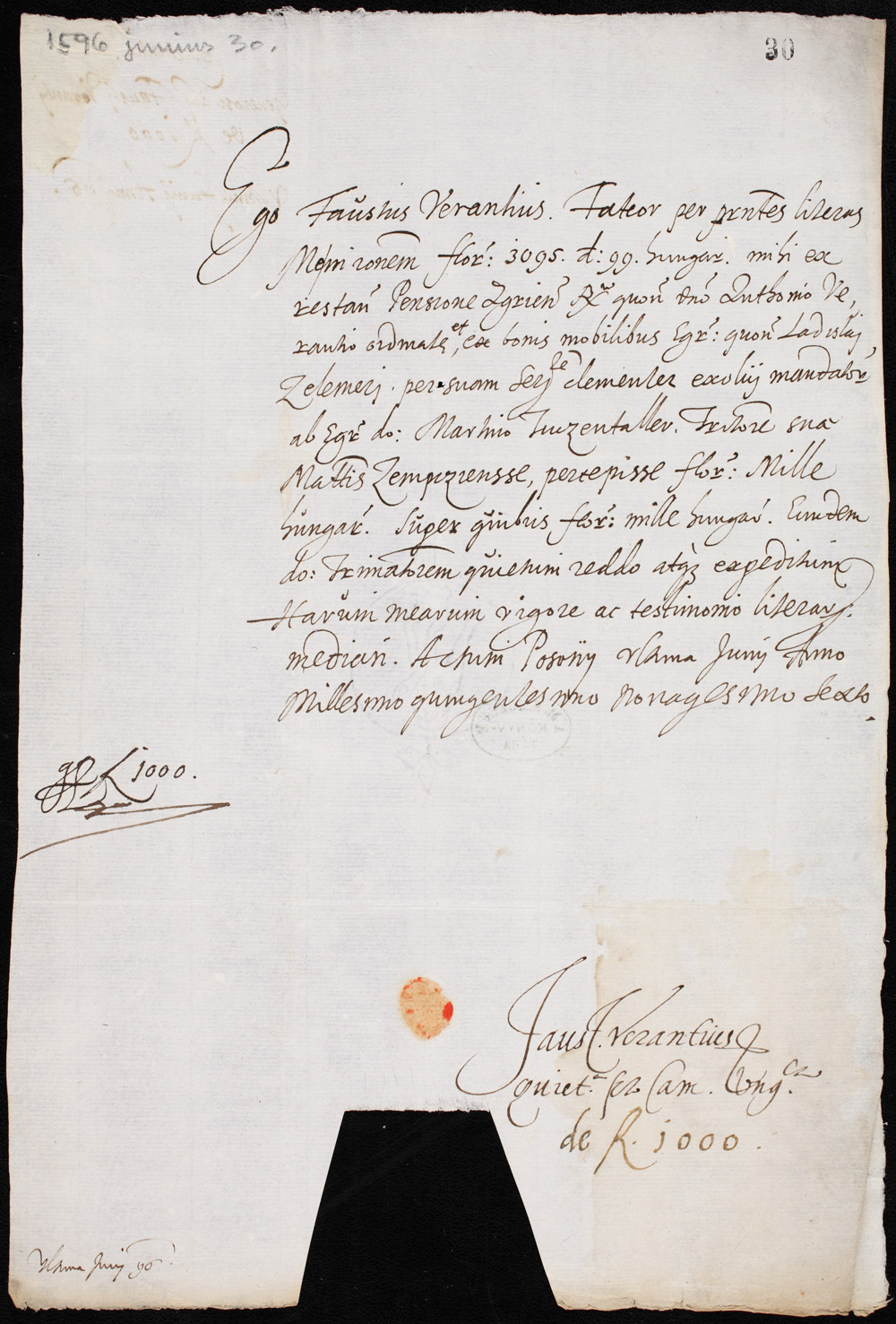 Verancsics Faustus 1596. június 30-án keltezésű autográfja. – Kézirattár. Jelzet: Fol.lat. 4006 II/30