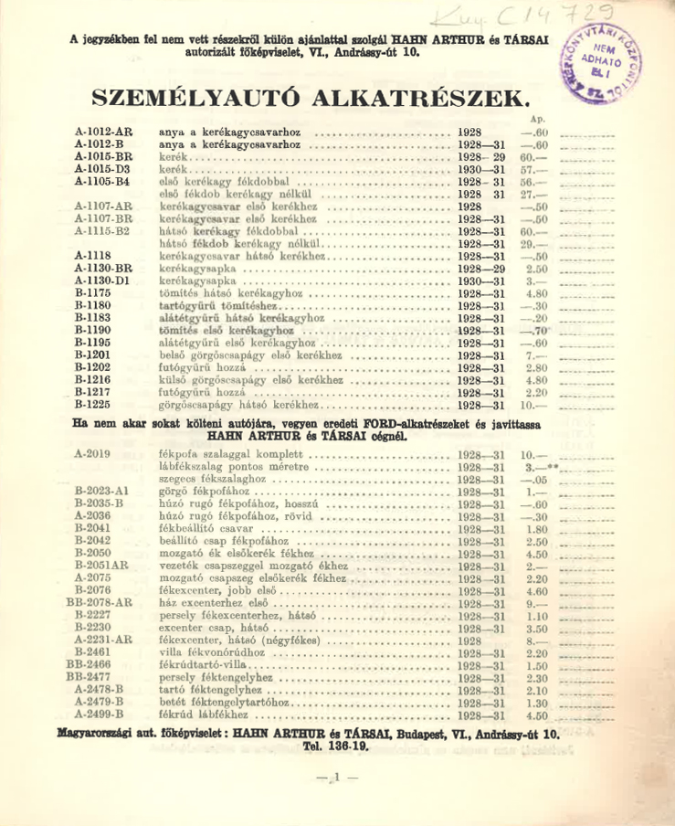 Ford alkatrész- és árjegyzék 1918-32 (Kny.C 14.729)<br />
